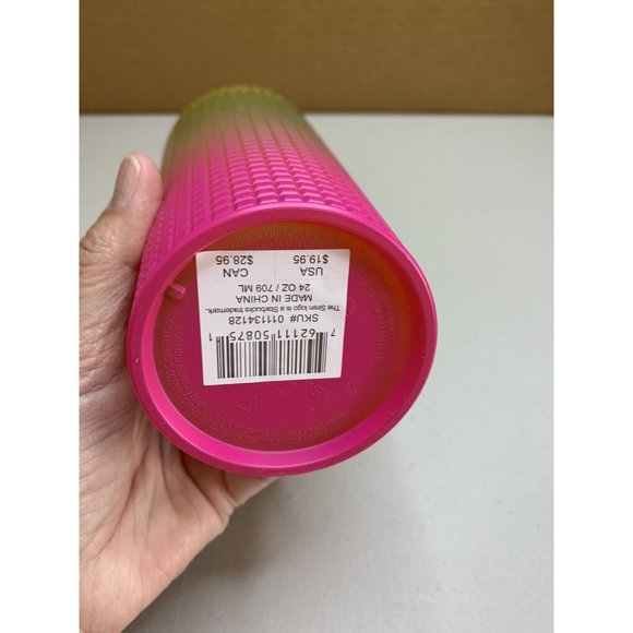 STARBUCKS SUMMER 2022 YELLOW PINK ORANGE OMBRE GRID 24 oz TUMBLER / CUP - NWT - Picture 2 of 3